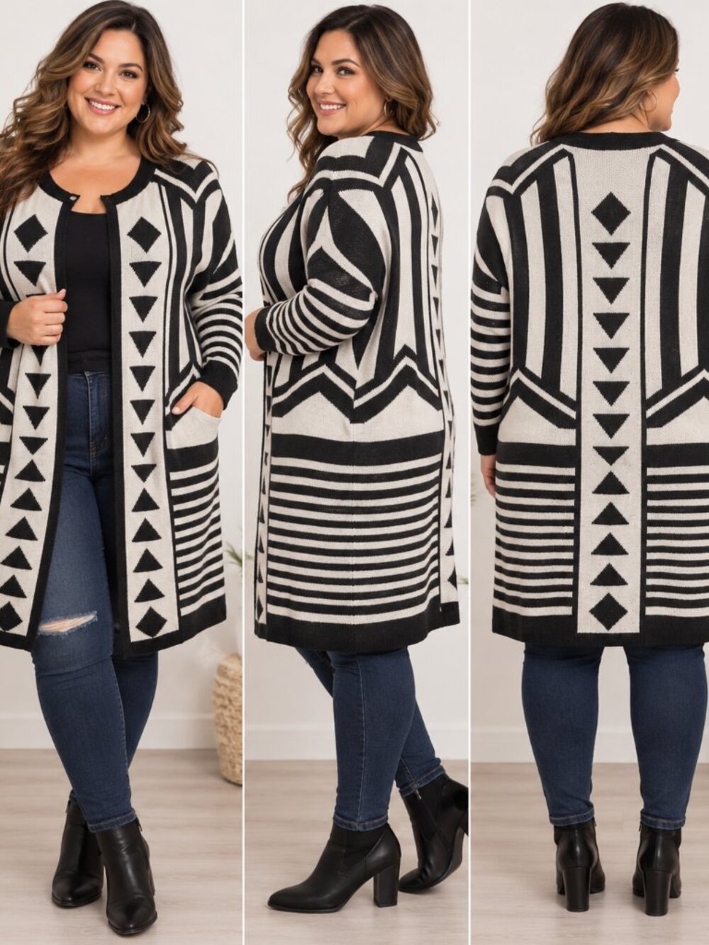 NY Collection XL Black Ivory Geometric Open Front Long Cardigan Aztec Boho